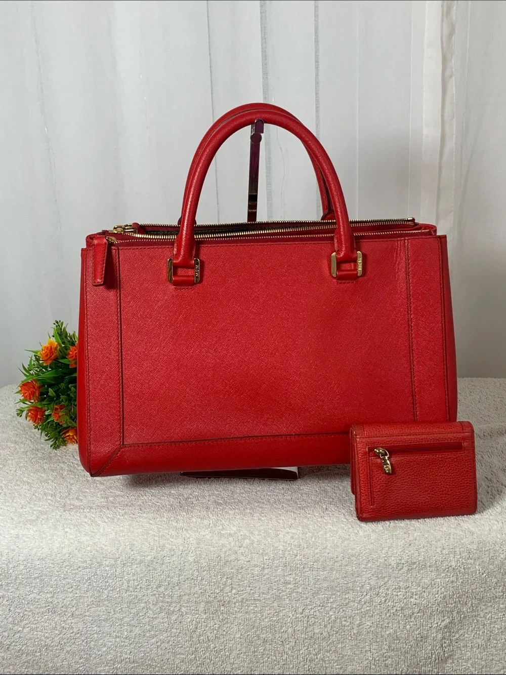 GUC MCM Nuovo Red Leather Satchel with Matching Wallet